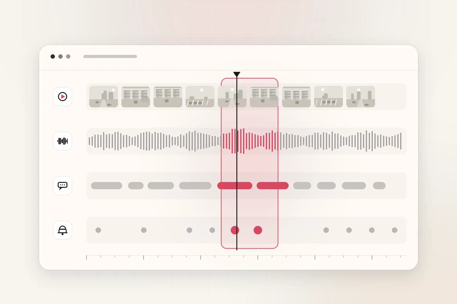 Stacked timeline tracks for video, audio, speech and alert, with the matching time span highlighted in coral and a playhead.